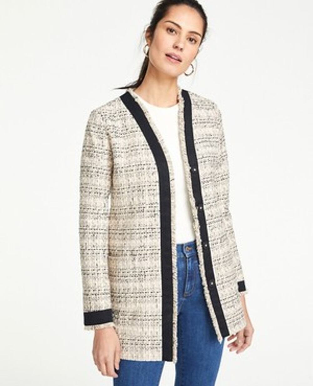 Ann Taylor Tweed collarless cotton blend cream jacket size large